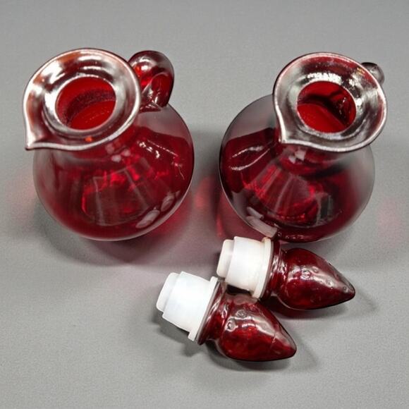 Vintage Avon Ruby Red Glass Pitcher Bottles Strawberry Bath Foam  5.5”  Empty - Picture 4 of 9